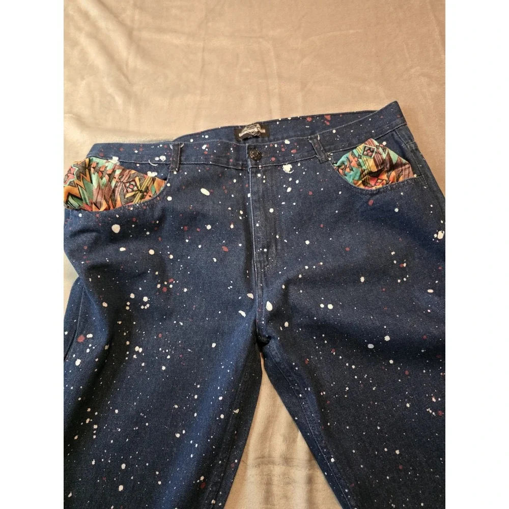 Diamond Stash Jeans Men's 40x32 Blue Paint Splatter Straight Leg Denim